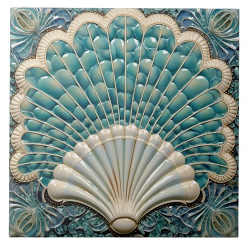 Seashell Aquamarine Art Deco Inspired Ceramic Tile