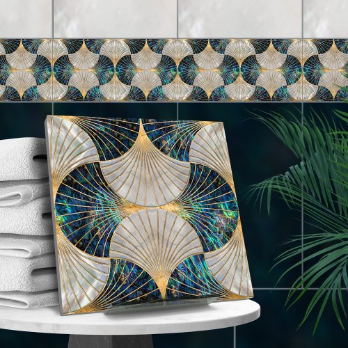 Seashell Art Deco _ Abalone Shell and Pearl Ceramic Tile