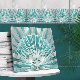 Seashell Art Deco -Aquamarine and Pearl Ceramic Tile