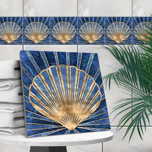 Seashell Art Deco _ Blue Marble and Gold Ceramic Tile