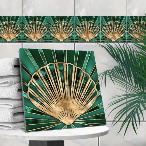 Seashell Art Deco _Malachite and Gold Ceramic Tile