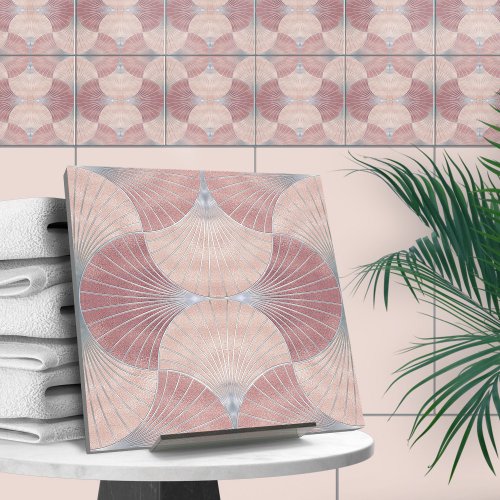 Seashell Art Deco _Misty Rose and Pearl Ceramic Tile