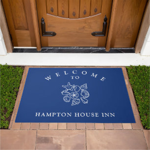 Seashell Art Navy Blue Name Template Welcome Mat