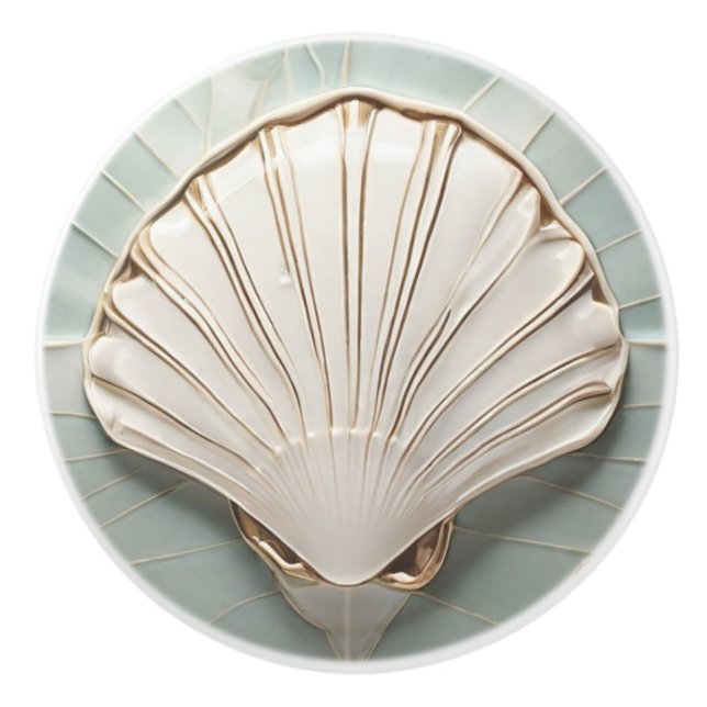 Seashell Art Nouveau Faux Relief Mint Blue & Gold Ceramic Knob (Front)