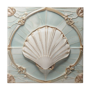 Seashell Art Nouveau Faux Relief Mint Blue & Gold Ceramic Tile