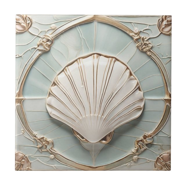 Seashell Art Nouveau Faux Relief Mint Blue & Gold Ceramic Tile (Front)