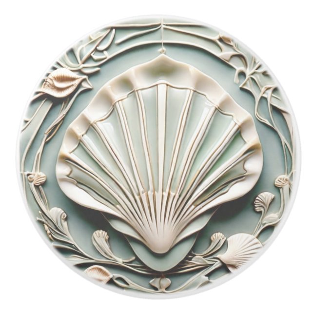 Seashell Art Nouveau Faux Relief Mint White Shell Ceramic Knob (Front)