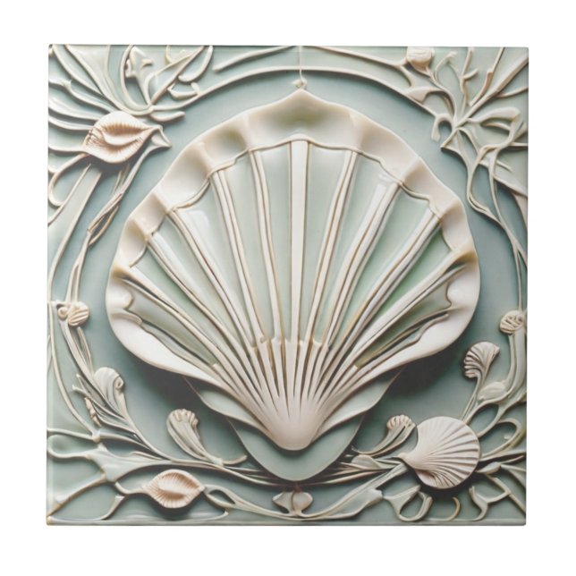 Seashell Art Nouveau Faux Relief Mint White Shell Ceramic Tile (Front)