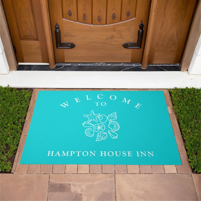 Seashell Art Turquoise Name Template Welcome Mat (Outdoor)