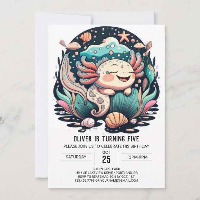 Seashell Axolotl Birthday Invitation (Front)