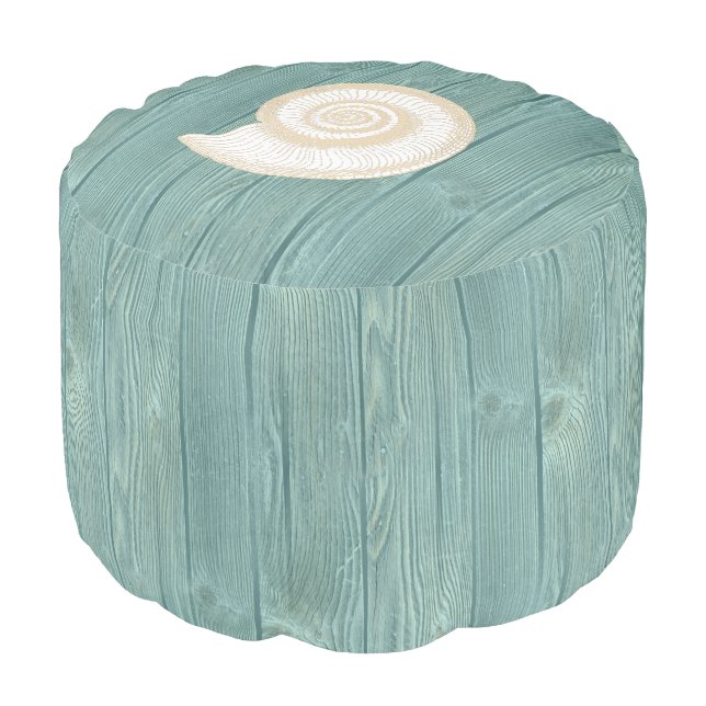 Seashell Beach Aqua Wood Pouf Seat (Angled Front)