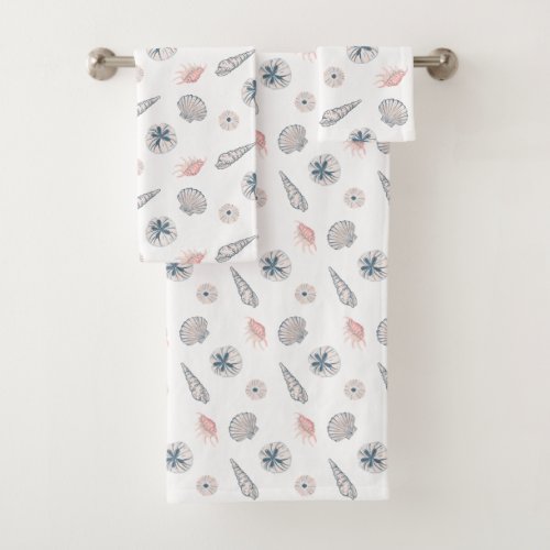 Seashell Beach Blue and PInk Pattern Bath Towel Set