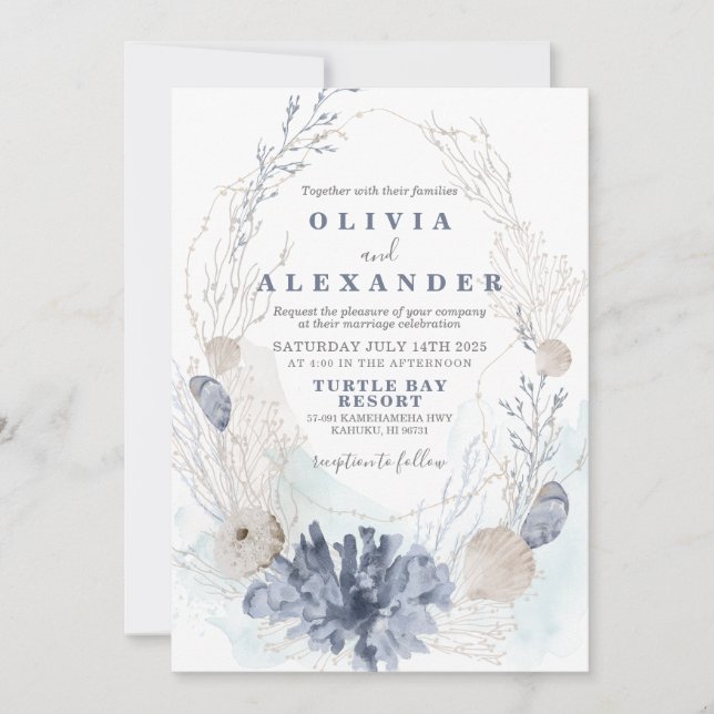 Seashell beach blue wedding Invitation (Front)