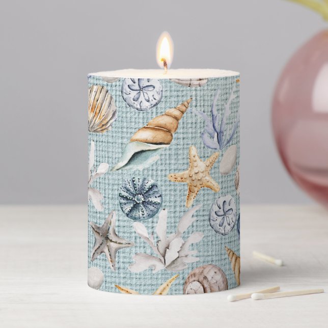 Seashell Beach Burlap  Pillar Candle (In Situ)