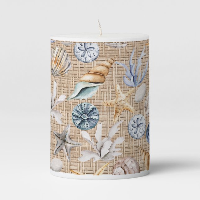 Seashell Beach Burlap  Pillar Candle (Front)