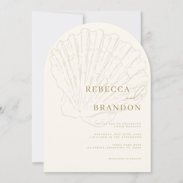 Seashell Beach Coastal Ivory & Gold Arch Wedding Invitation (Front)