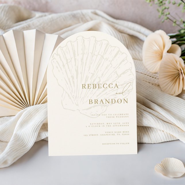 Seashell Beach Coastal Ivory & Gold Arch Wedding Invitation (Creator Uploaded)