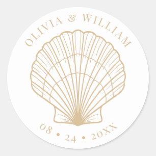 Seashell Beach Coastal Wedding Beige Classic Round Sticker