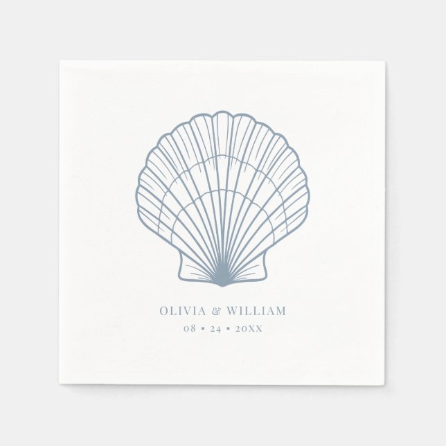 Seashell Beach Dusty Blue Coastal Wedding Napkins (Front)