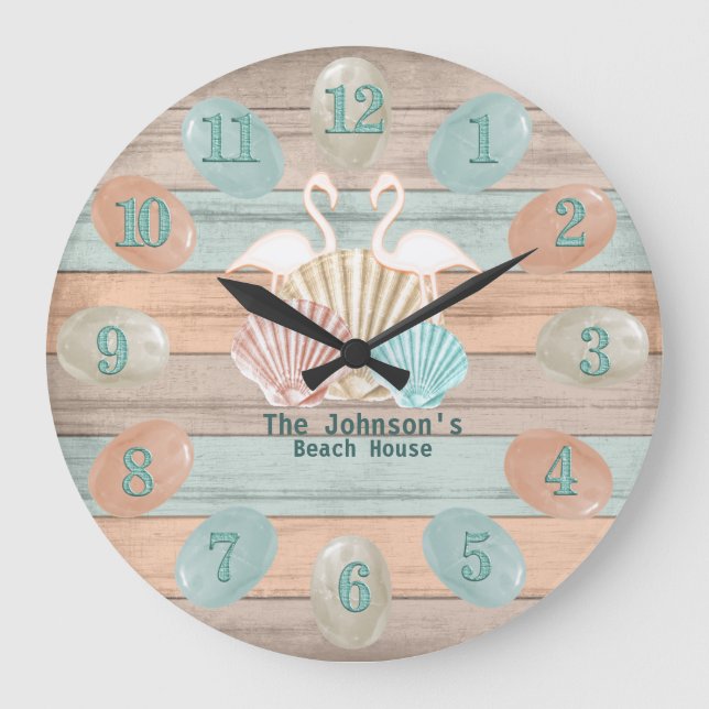 Seashell Beach, Flamingo & Sea Glass Large Clock (Front)