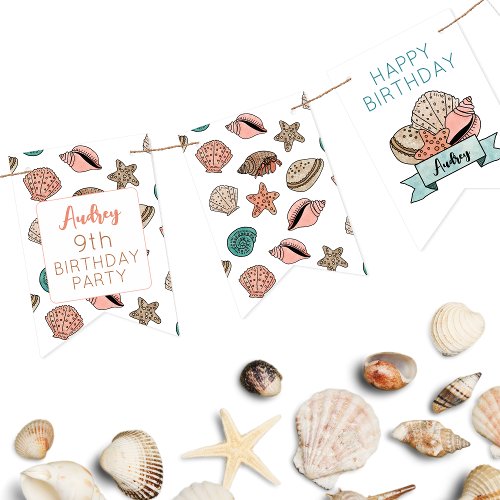Seashell Beach Girls Personalized Birthday Party Bunting Flags