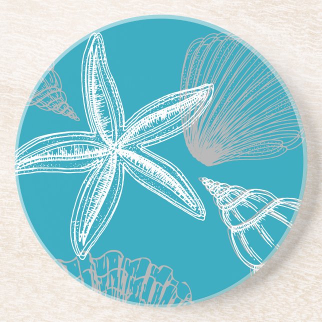 Seashell Beach House Aqua Blue Starfish Round Coaster (Front)
