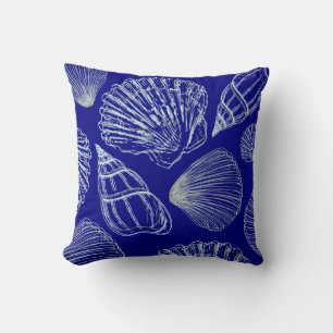 Seashell Beach House Coastal Blue White Shell Throw Pillow