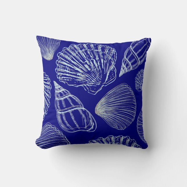 Seashell Beach House Coastal Blue White Shell Throw Pillow (Front)