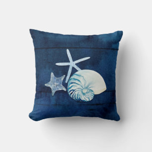 Seashell Beach House Navy Coral Nautilus Starfish Throw Pillow