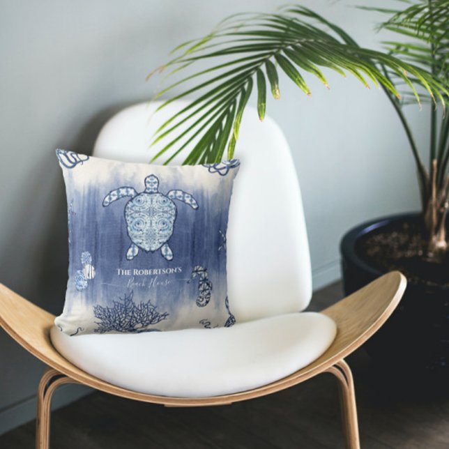 Seashell Beach House Navy Sea Turtle Seahorse Name Throw Pillow (Creator Uploaded)