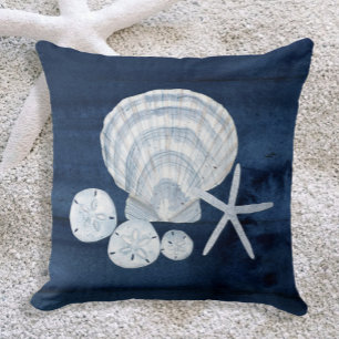 Seashell Beach House Navy Starfish Sand Dollar Throw Pillow