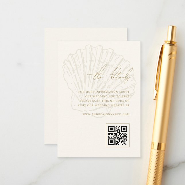 Seashell Beach Ivory Gold QR Code Wedding Details Enclosure Card (Front/Back In Situ)