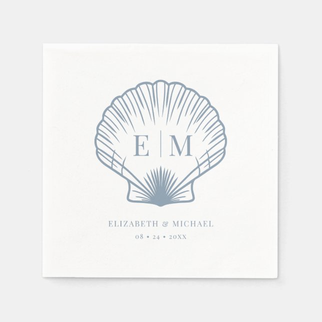 Seashell Beach Monogram Dusty Blue Wedding Napkins (Front)
