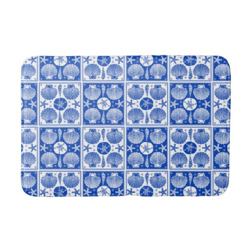 Seashell Beach Nautical Block Pattern Blue White Bathroom Mat