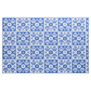 Seashell Beach Nautical Block Pattern Blue White Fabric