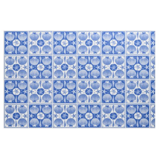 Seashell Beach Nautical Block Pattern Blue White Fabric