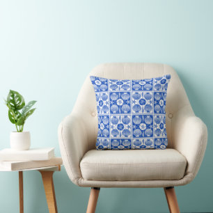 Seashell Beach Nautical Block Pattern Blue White Throw Pillow