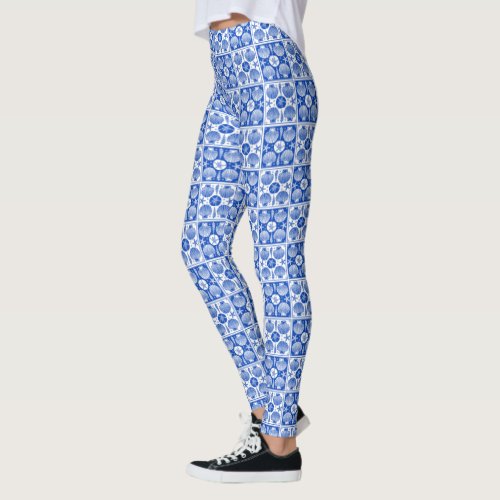 Seashell Beach Nautical Sea Blue Square Pattern Leggings