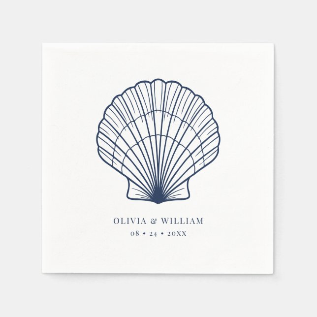 Seashell Beach Navy Blue Coastal Wedding Napkins (Front)