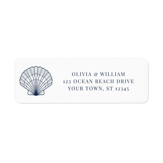 Seashell Beach Navy Blue Wedding Return Address Label (Front)