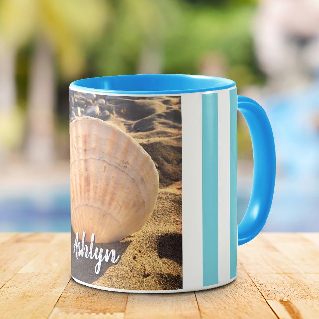 Seashell Beach Photo Script Custom Name Modern Mug (Creator Uploaded)