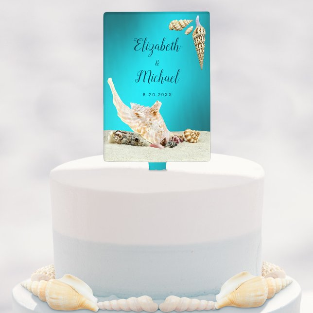 Seashell Beach Teal Blue Aqua Wedding Cake Topper (Creator Uploaded)