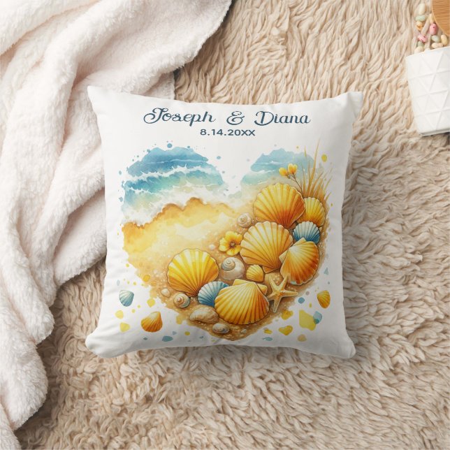 Seashell Beach Valentine Anniversary Names Throw Pillow (Blanket)