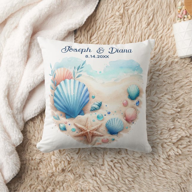 Seashell Beach Valentine Anniversary Names Throw Pillow (Blanket)