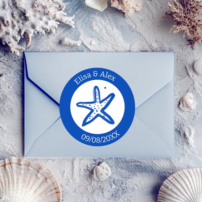Seashell Beach Wedding Blue White CUSTOM  Classic Round Sticker (Seashell Beach Wedding Blue White CUSTOM Classic Round Sticker
)