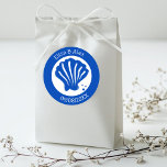 Seashell Beach Wedding Blue White CUSTOM  Classic Round Sticker<br><div class="desc">Perfect cute sticker for a fun wedding! Hand made art for you! Perfect for a wedding, seaside bridal shower, bachelorette party, engagement party, or birthday. FULLY CUSTOMIZABLE! Click "personalize" to edit the text. Click "edit using design tool" to adjust the fonts, colors and placements and to add text if you...</div>