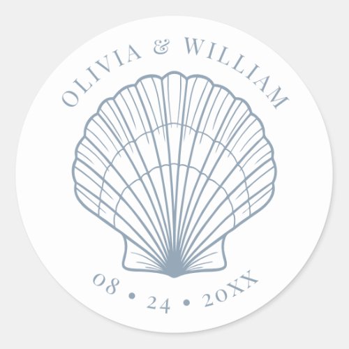 Seashell Beach Wedding Coastal Dusty Blue  Classic Round Sticker