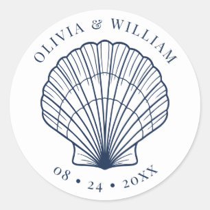 Seashell Beach Wedding Coastal Navy Blue  Classic Round Sticker