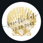 Seashell Beach Wedding Favor & Invitation Stickers<br><div class="desc">Elegant gold seashell wedding date sticker will compliment just about any chic elegant beach wedding envelopes. The text is all editable so you can adjust the wording and use as a favor sticker too! * * * * * Click Customize Further to change the background color or add text *...</div>