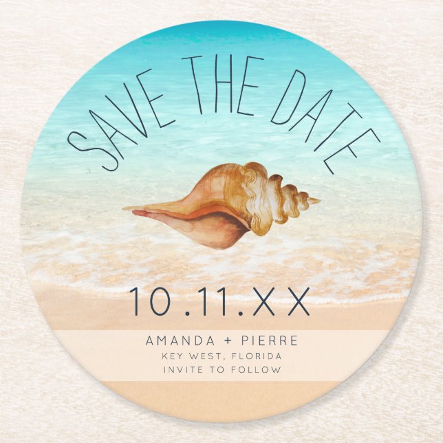 Seashell Beach Wedding Save the Date Round Paper Coaster (Front)